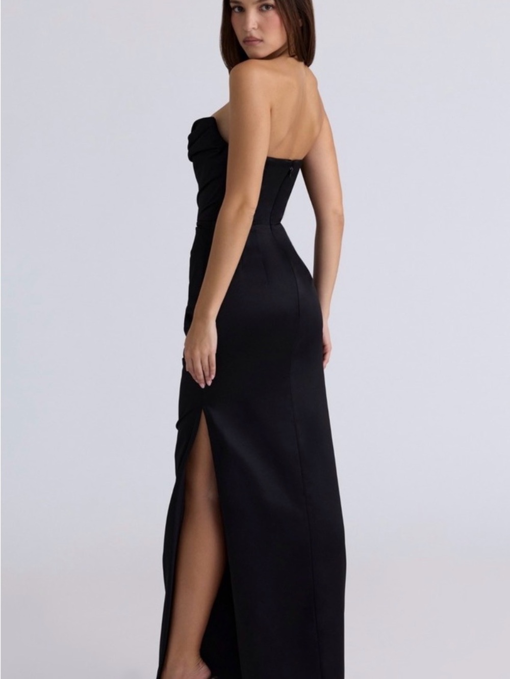 House of CB Adrienne Black Satin Strapless Corset Maxi Dress Formal - Picture 4 of 9